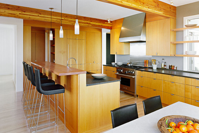 Contemporary Kitchen With Vertical Grain Cabinets And Soapstone