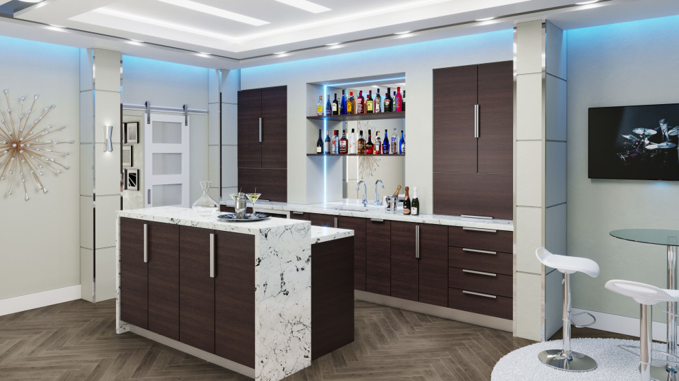 Inspiration for a large contemporary single-wall wet bar in Salt Lake City with flat-panel cabinets, brown cabinets, quartz benchtops, grey splashback, dark hardwood floors, brown floor, white benchtop and an undermount sink.