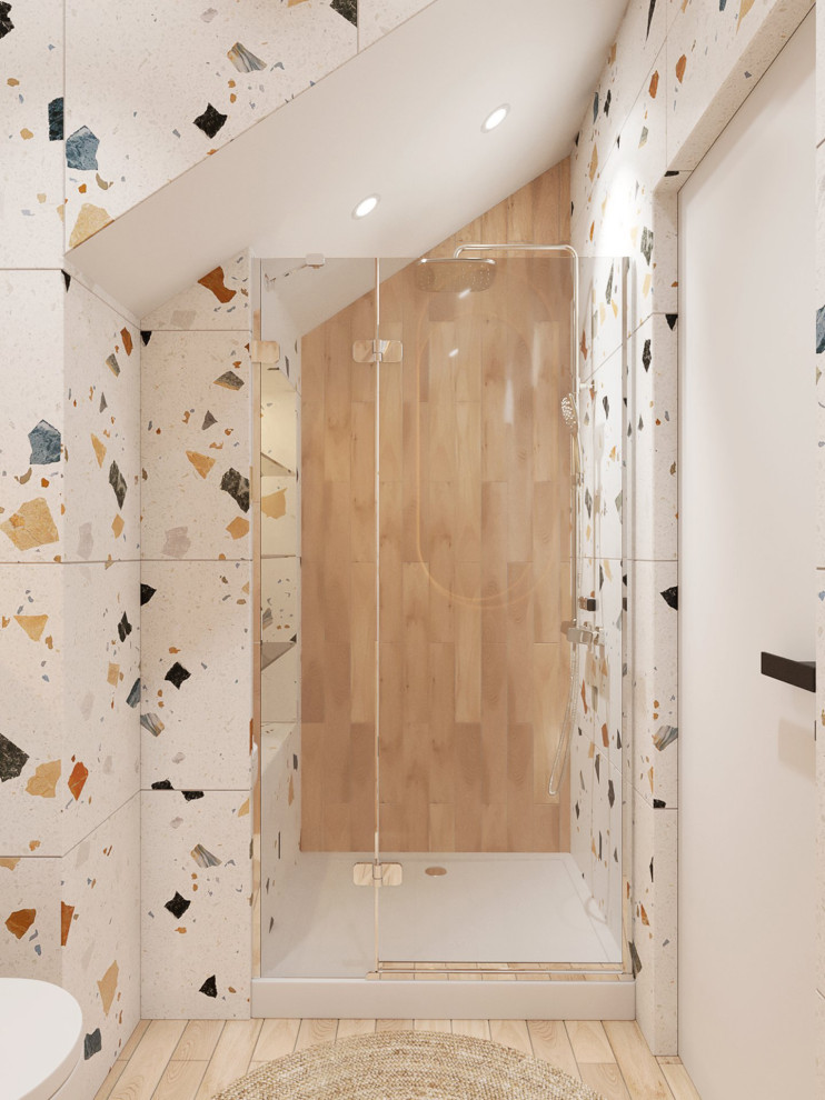 Inspiration för små minimalistiska badrum med dusch, med våtrum och dusch med gångjärnsdörr
