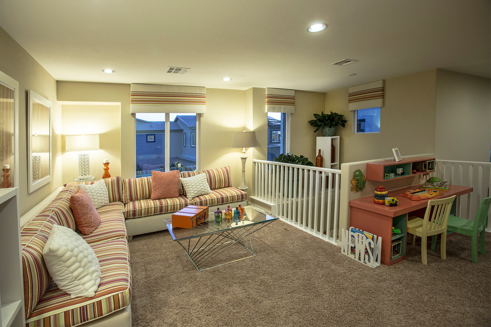 Photo of a mid-sized loft-style family room in Las Vegas with beige walls and carpet.