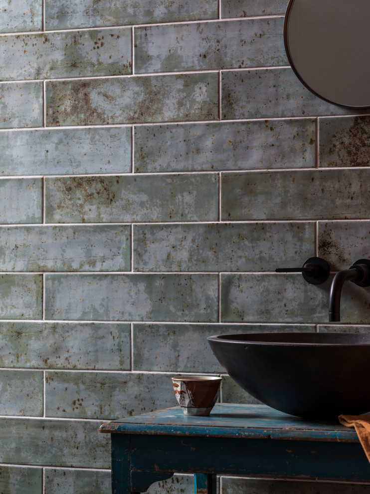 Medium sized contemporary family bathroom in London with a pedestal sink, wooden worktops, a single sink and a freestanding vanity unit.