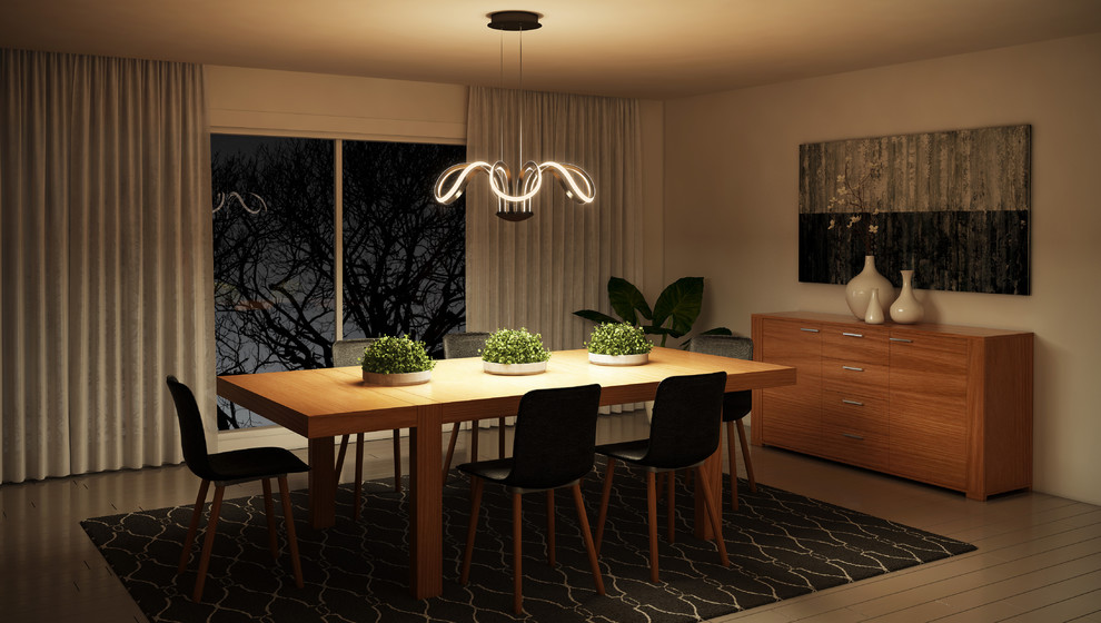 Inspiration for a large contemporary separate dining room in Miami with beige walls, plywood floors and beige floor.