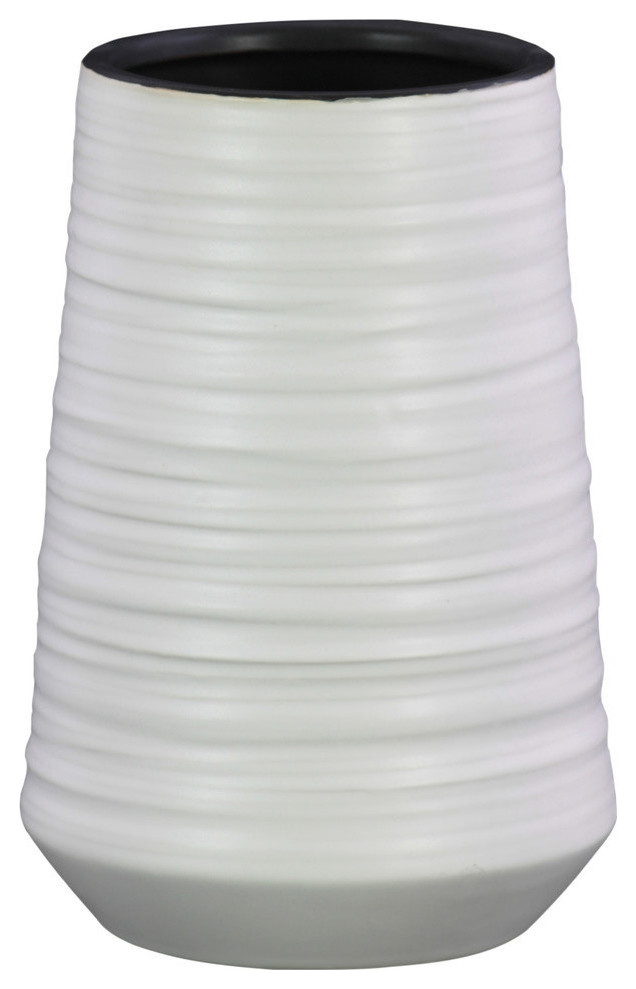 Ceramic Round Vase With Combed Design Body, White, Medium