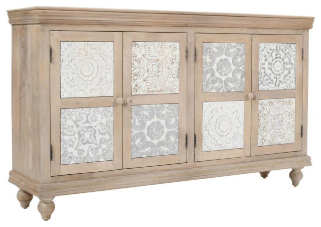 Adele 71 Hand Carved Solid Wood Rustic Four-Door Sideboard Cabinet