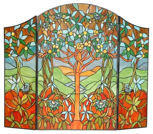 Tiffany-style Tree of Life Design Fireplace Screen