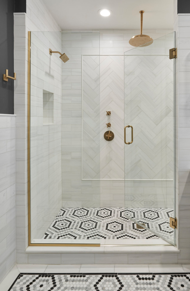 Photo of a mid-sized transitional master wet room bathroom in Chicago with recessed-panel cabinets, black cabinets, white tile, porcelain tile, white walls, mosaic tile floors, an undermount sink, quartzite benchtops, white floor, a hinged shower door, white benchtops, a shower seat, a double vanity and a freestanding vanity.