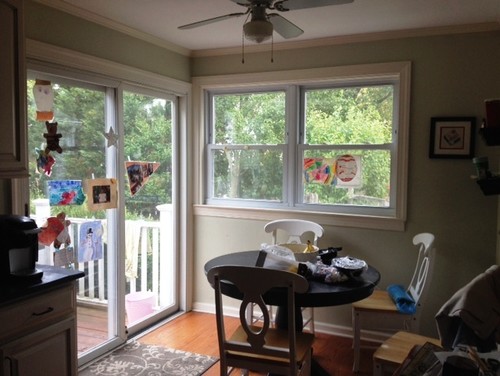 Window treatments for kitchen slider & windows that meet in corner - 