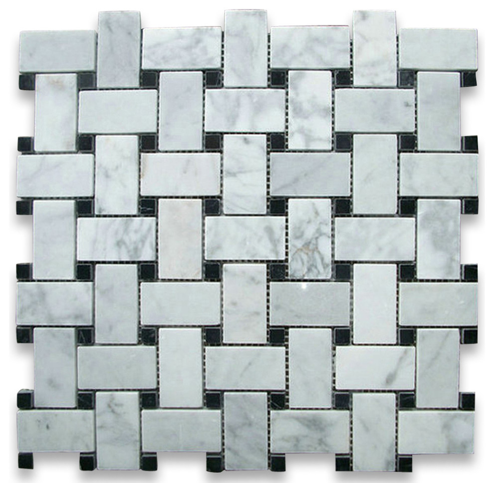 12"x12" Carrara White Basketweave Mosaic, Black Dots Polished, Chip