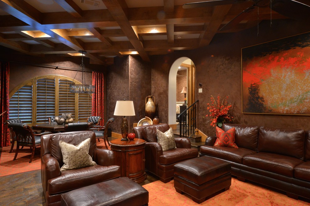 Inspiration for a mid-sized transitional open concept home theatre in Orange County with brown walls, dark hardwood floors and brown floor.