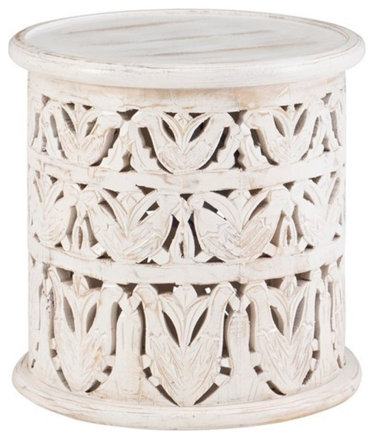 Maklaine Modern Wood Hand Carved Side Accent Table in White Finish