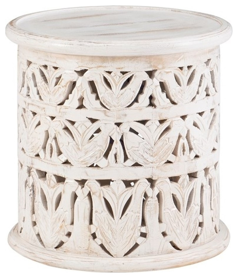 Maklaine Modern Wood Hand Carved Side Accent Table in White Finish