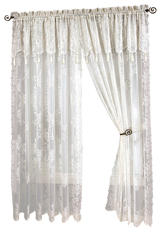 Carly Lace Curtain Panel With Attached Valance With Tassels