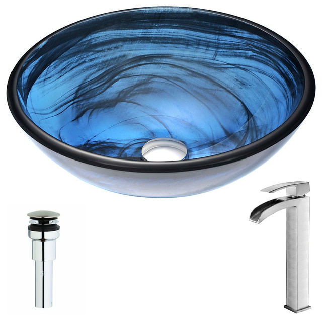 ANZZI Soave Series DecoGlass Vessel Sink with Key Faucet, 16.5 in L x