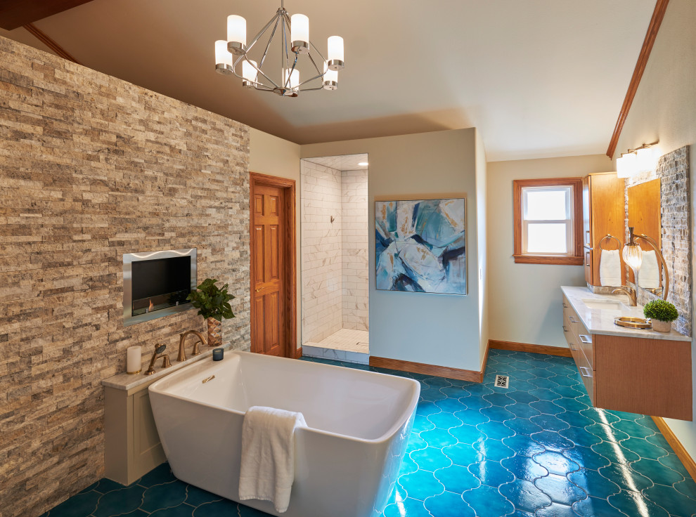This is an example of a mid-sized modern master bathroom in Other with flat-panel cabinets, medium wood cabinets, a freestanding tub, an open shower, beige tile, stone tile, an undermount sink, granite benchtops, turquoise floor, an open shower, beige benchtops, a double vanity and a floating vanity.