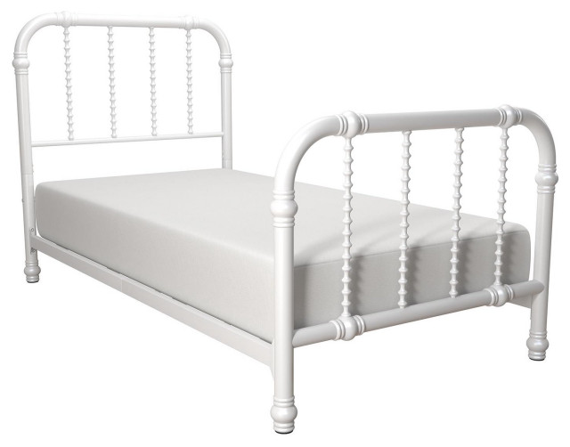 Traditional Twin Bed Frame, Metal Frame With Unique Curved Scrollwork, White Traditional Bed