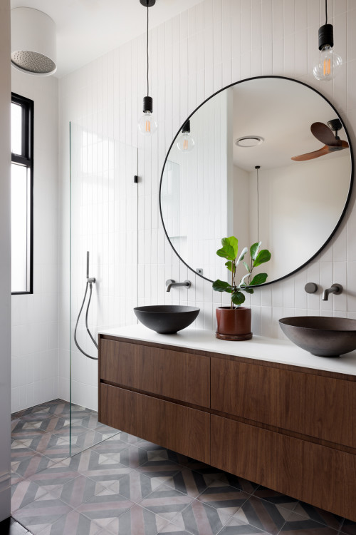 Diamond Details: Wood Bathroom Vanity Ideas with Diamond Floor Tiles and Round Mirror