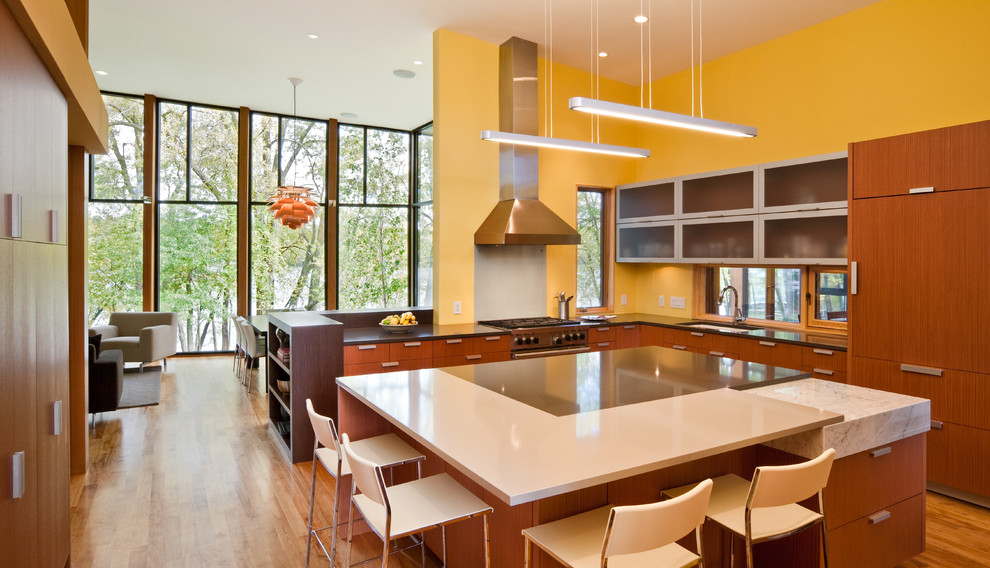Modern kitchen in Minneapolis with an undermount sink, flat-panel cabinets and medium wood cabinets.
