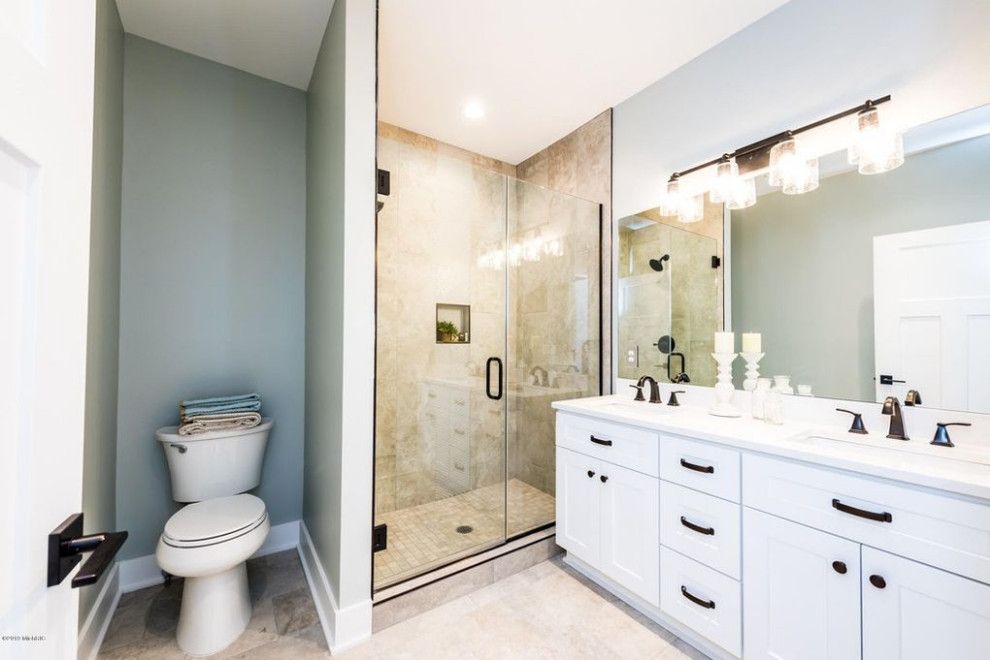 Mid-sized contemporary bathroom in Other with shaker cabinets, white cabinets, bamboo floors, engineered quartz benchtops, brown floor, white benchtops, a double vanity and a built-in vanity.