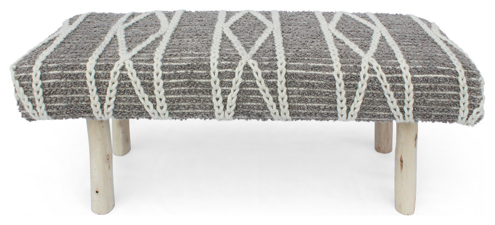 Padma Handcrafted Boho Fabric Rectangular Bench, Gray/Ivory Knit/Natural