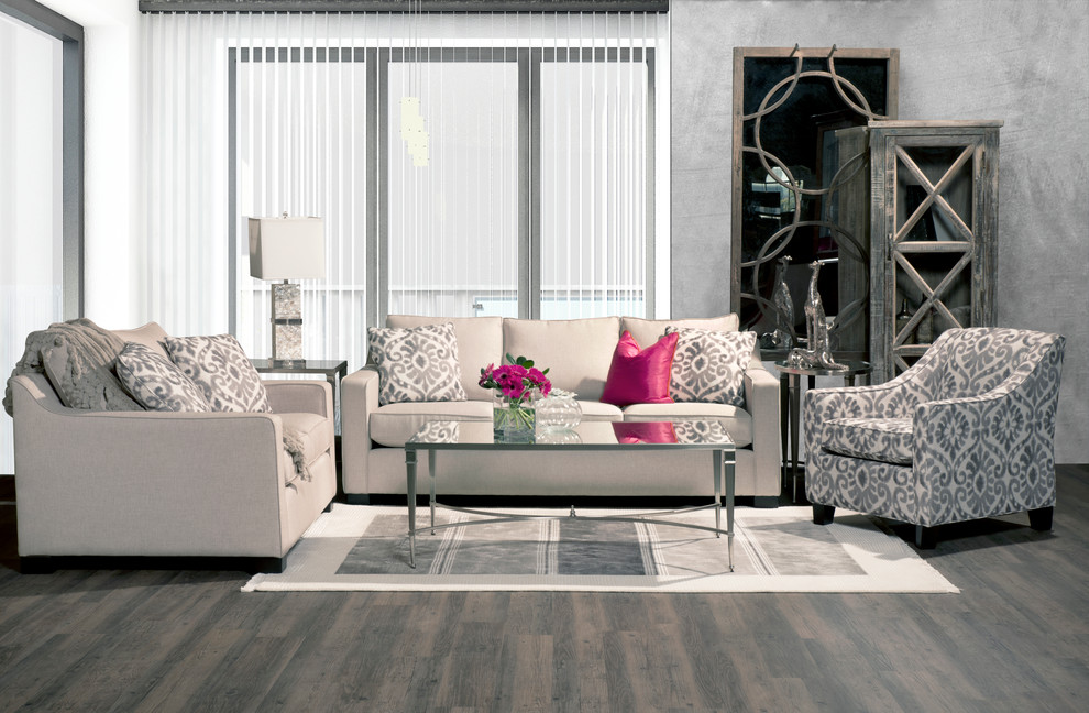 Design ideas for a small transitional open concept living room in Toronto with grey walls and medium hardwood floors.