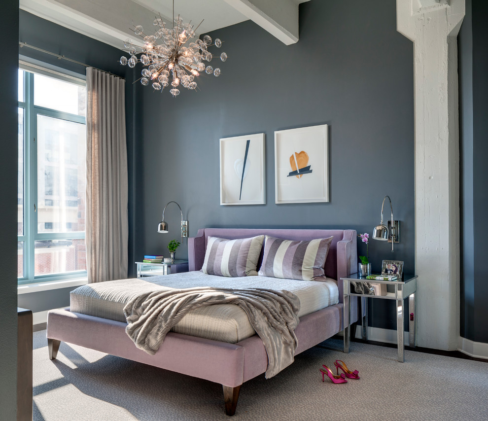 Inspiration for a contemporary bedroom in Los Angeles with grey walls and dark hardwood floors.