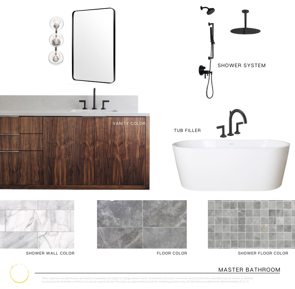 This is an example of an expansive scandinavian ensuite bathroom in Chicago with flat-panel cabinets, medium wood cabinets, a freestanding bath, a built-in shower, a one-piece toilet, multi-coloured tiles, marble tiles, white walls, marble flooring, a built-in sink, quartz worktops, grey floors, a hinged door, grey worktops, a shower bench, double sinks and a floating vanity unit.