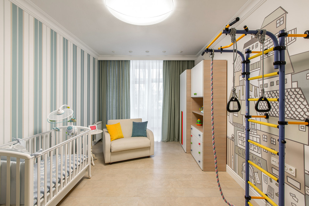This is an example of a large contemporary gender-neutral nursery in Other with multi-coloured walls and beige floor.