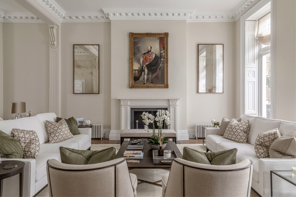 Example of a large transitional formal and open concept medium tone wood floor and brown floor living room design in London with beige walls, a standard fireplace and a stone fireplace