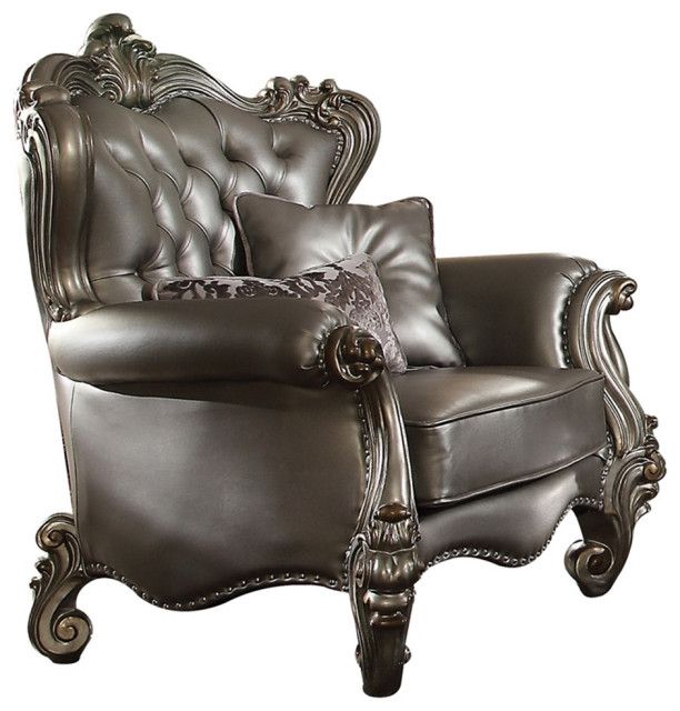 ACME Versailles Faux Leather Tufted Back Chair in Silver and Antique ...