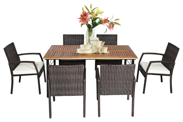 Costway 7PCS Patio Rattan Dining Set Chair Wooden Table Top W/Umbrella Hole