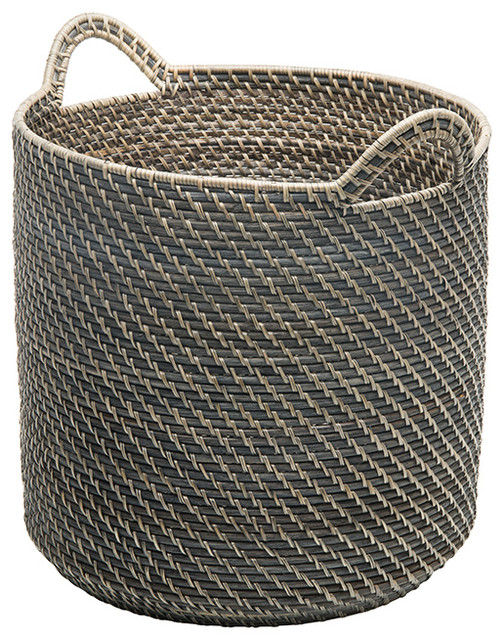 Laa Round Rattan Storage Basket With Ear Handles Black Antique Laa Round Rattan Storage Basket With Ear Handles Black Antique