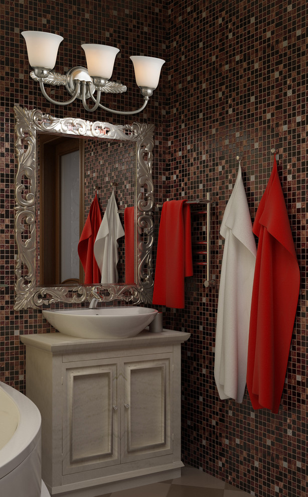 Mid-sized contemporary bathroom in New York with a vessel sink, shaker cabinets, light wood cabinets, granite benchtops, a corner tub, a corner shower, multi-coloured tile, ceramic tile, multi-coloured walls and ceramic floors.