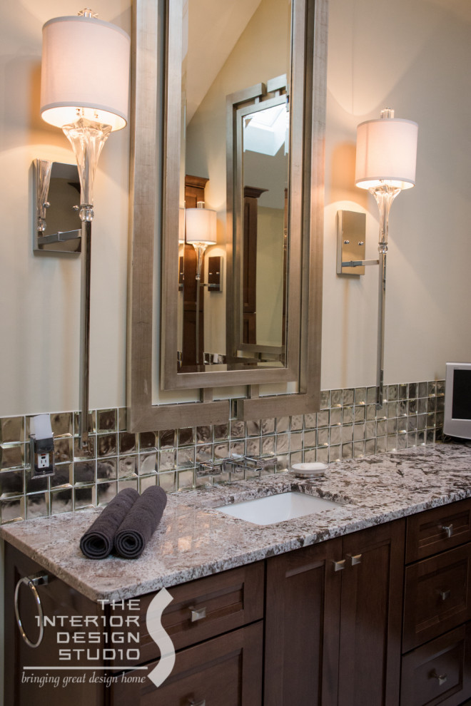 Home design - large transitional master white tile and ceramic tile ceramic tile home design idea with an undermount sink, shaker cabinets, medium tone wood cabinets, granite countertops and beige walls