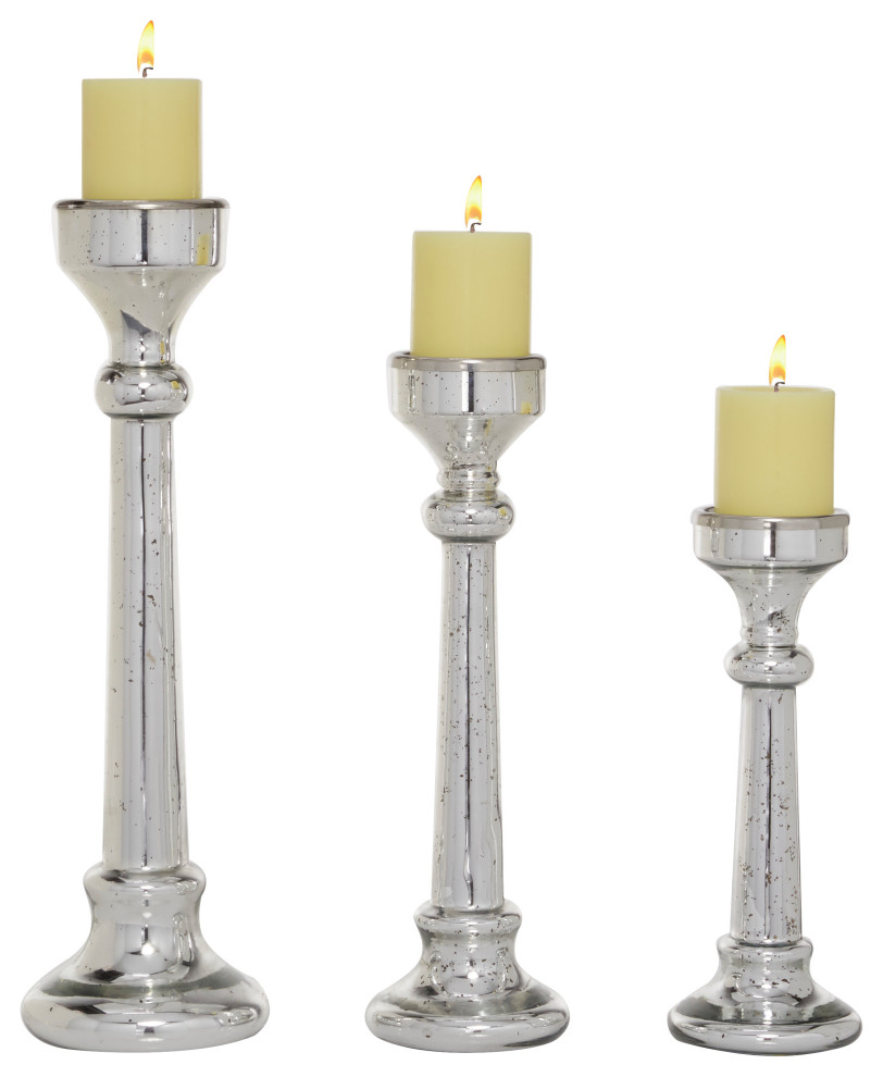 Tall Silver Mercury Glass Candle Holders, 3Piece Set Traditional