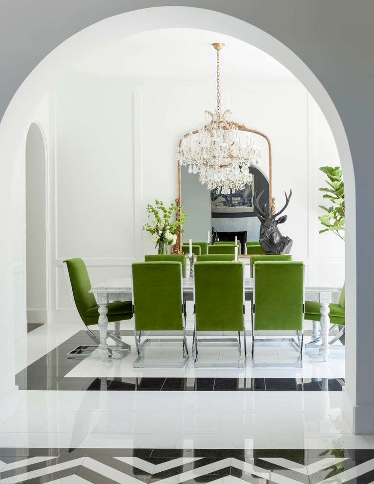 Photo of a contemporary dining room in Dallas with white walls and marble floors.