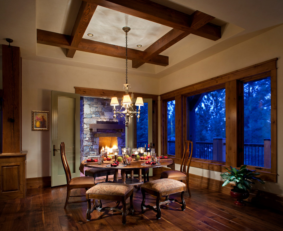 Photo of a large traditional open plan dining in Orange County with beige walls, medium hardwood floors and no fireplace.