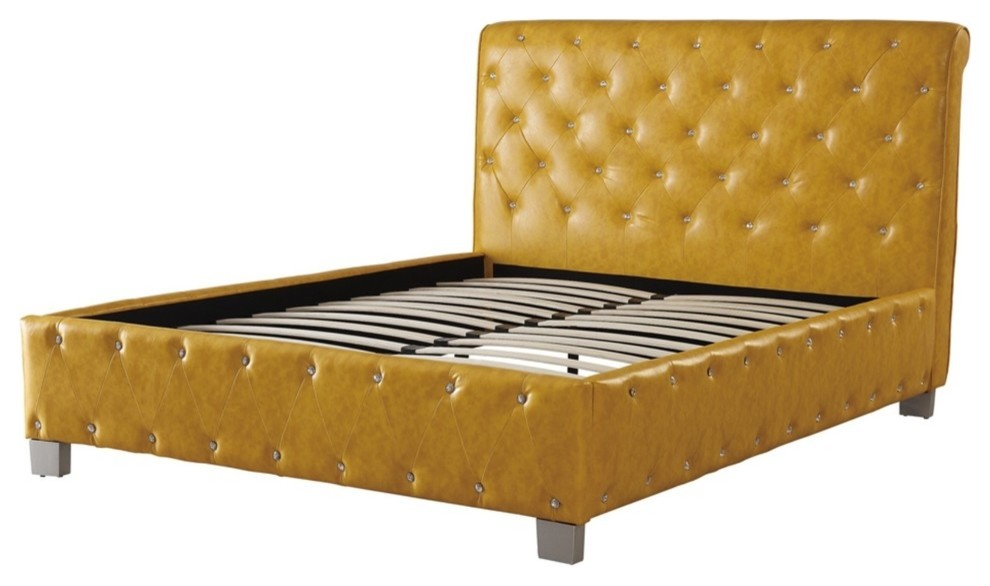 Polyurethane Leather Upholstered Button Tufted Eastern King Bed Citrus, Yellow