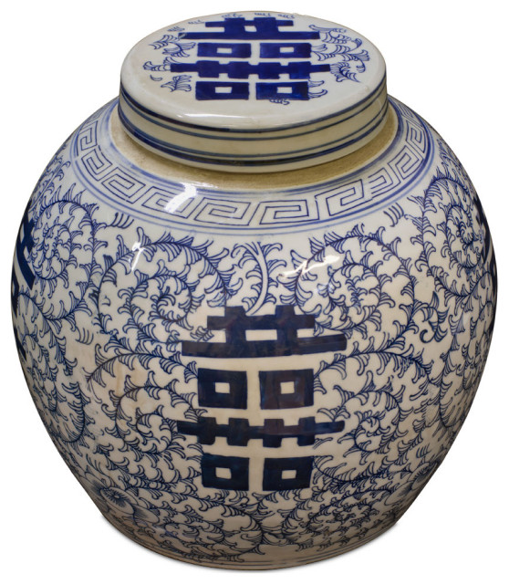 Blue and White Porcelain Chinese Double Happiness Jar