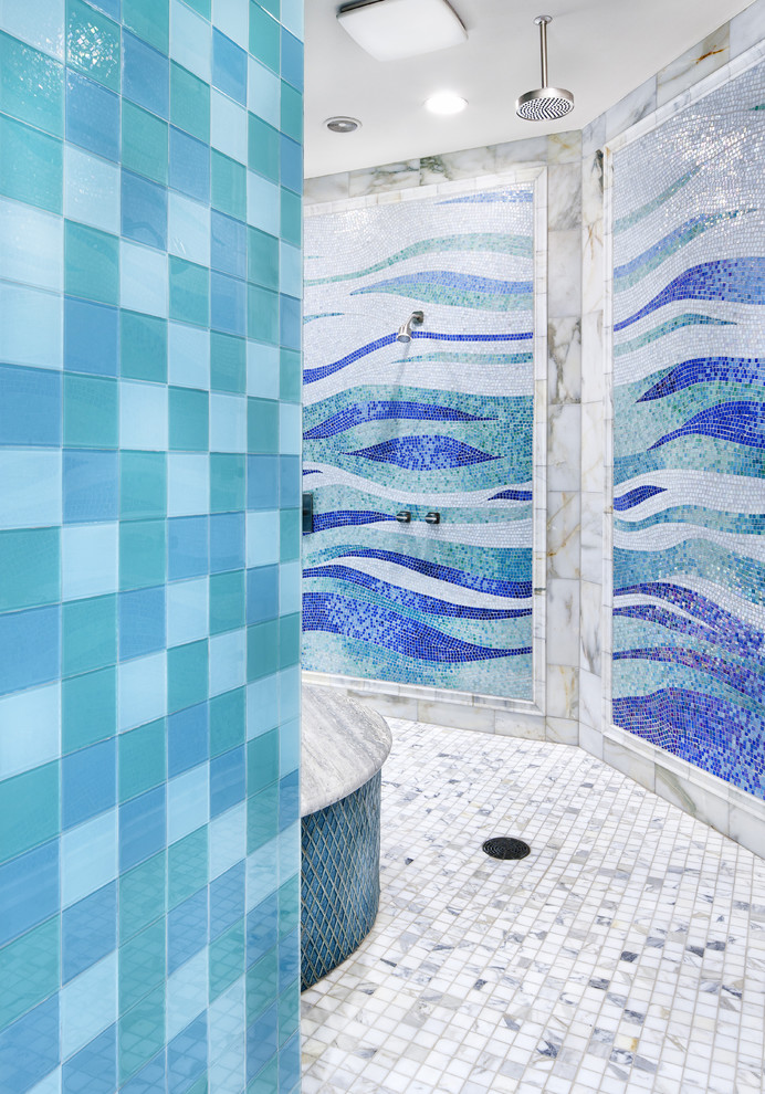 Contemporary bathroom in Austin with mosaic tile, an open shower and an open shower.
