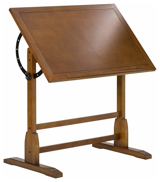 Rustic Drawing Table, Solid Hard Wood With Oak Finish, Adjustable Angle Top