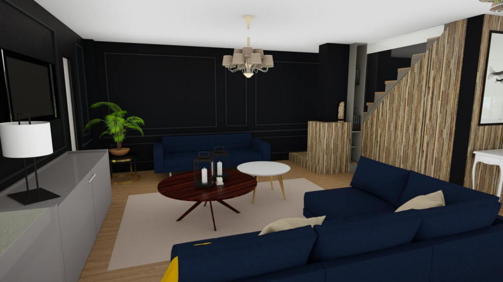 Идея дизайна: большая открытая гостиная комната в стиле неоклассика (современная классика) с черными стенами, светлым паркетным полом, коричневым полом и телевизором на стене без камина