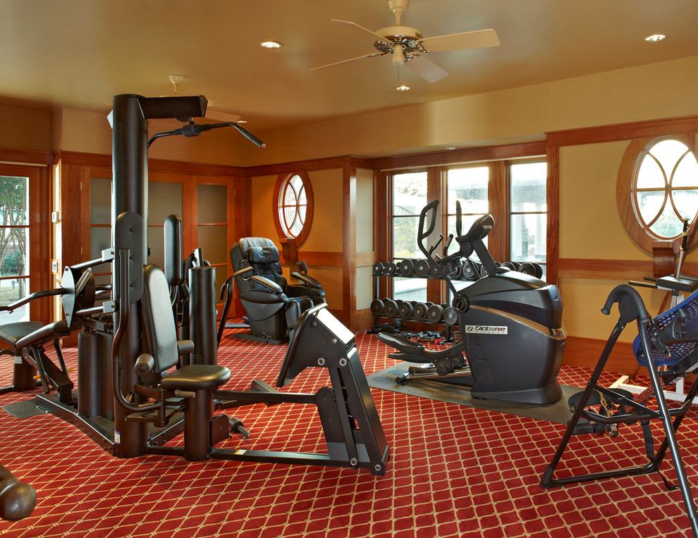 Photo of a traditional multipurpose gym in Dallas with beige walls, carpet and multi-coloured floor.