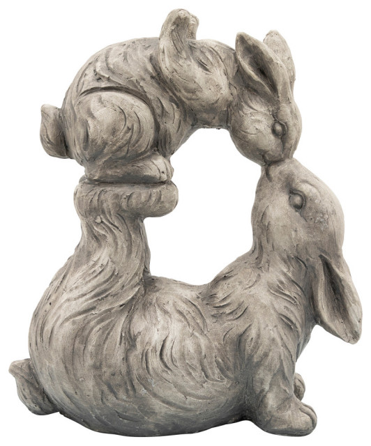 Resin, 15"H Kissing Bunnies, Antique White - Farmhouse - Garden Statues