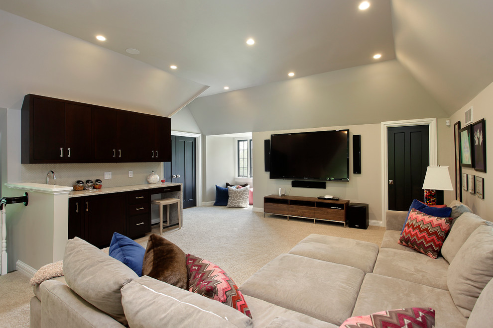 This is an example of a contemporary family room in Other with grey walls.