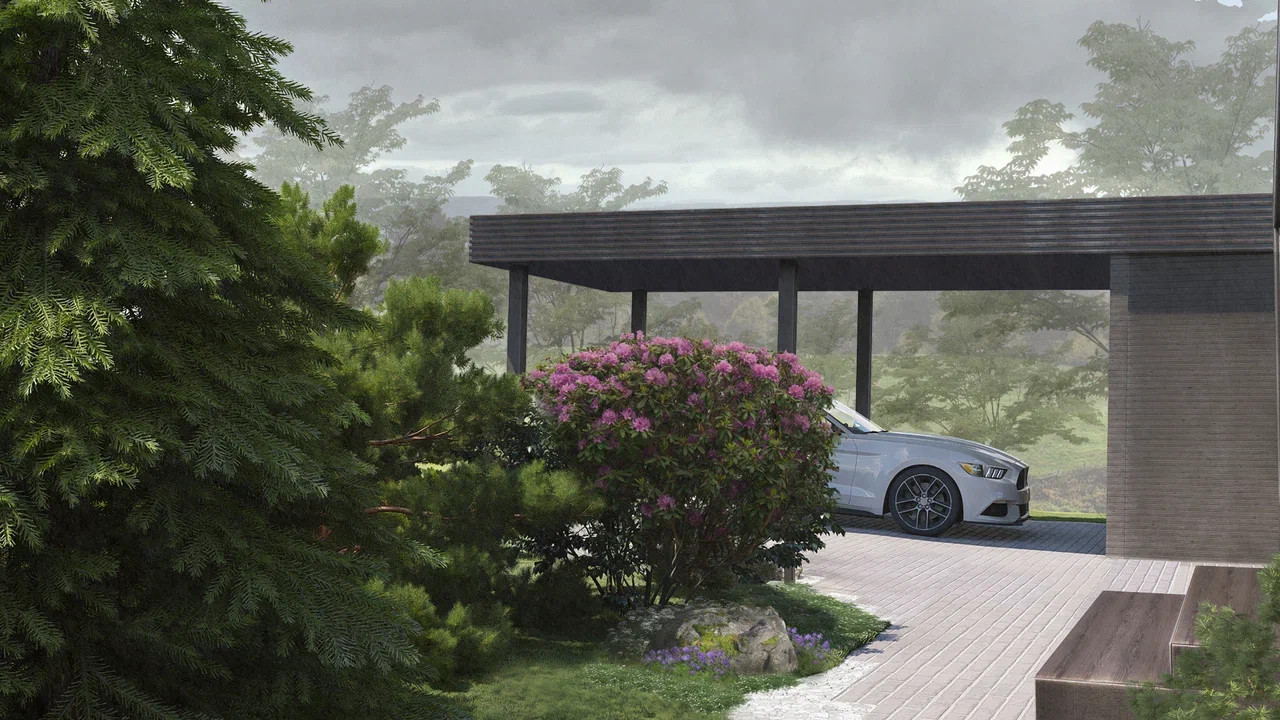 Вид на дом и навес сбоку