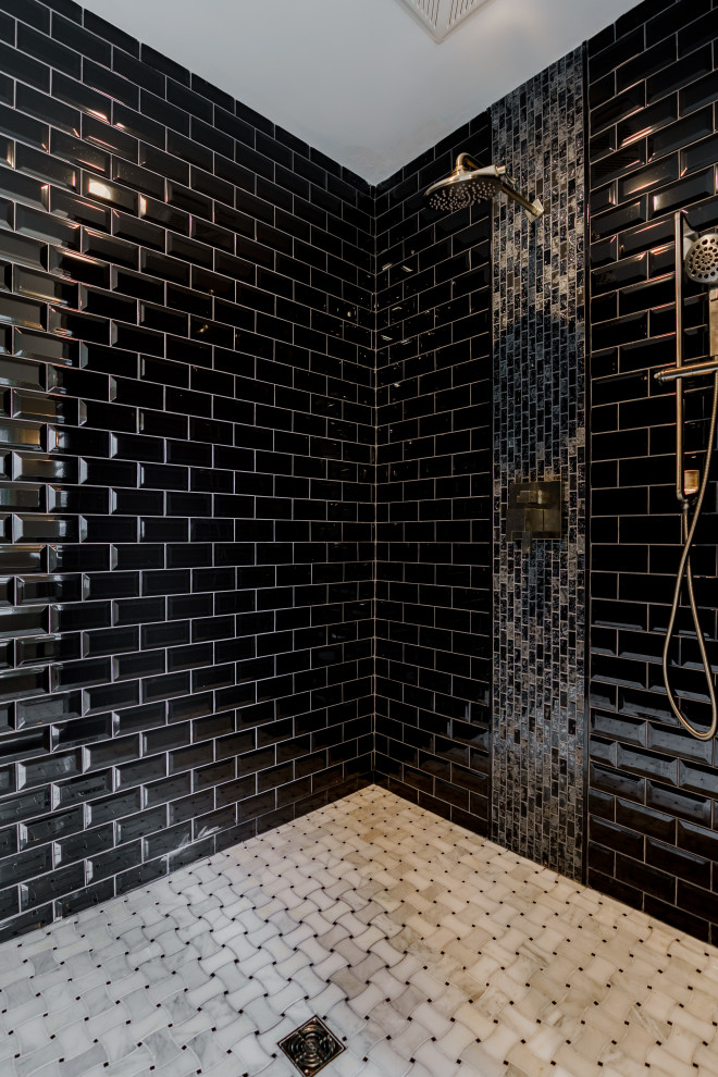 Design ideas for a large traditional shower room bathroom in Other with freestanding cabinets, medium wood cabinets, an alcove shower, a submerged sink, a hinged door, beige worktops, double sinks, a built in vanity unit, black tiles, ceramic tiles, ceramic flooring and grey floors.