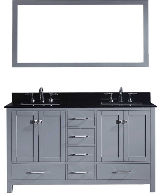 60" Double Bathroom Vanity, Gray, Black Galaxy Top, Square Sink, Faucet ...