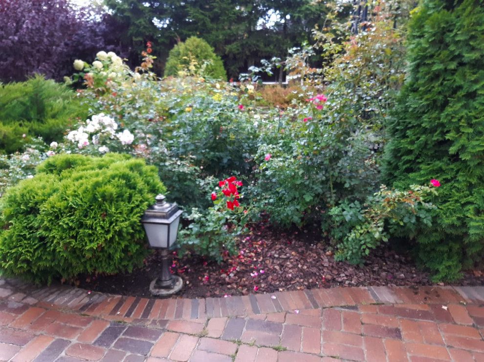 Стильный дизайн: солнечный, летний засухоустойчивый сад среднего размера на переднем дворе с клумбами, хорошей освещенностью, мощением клинкерной брусчаткой и с деревянным забором - последний тренд