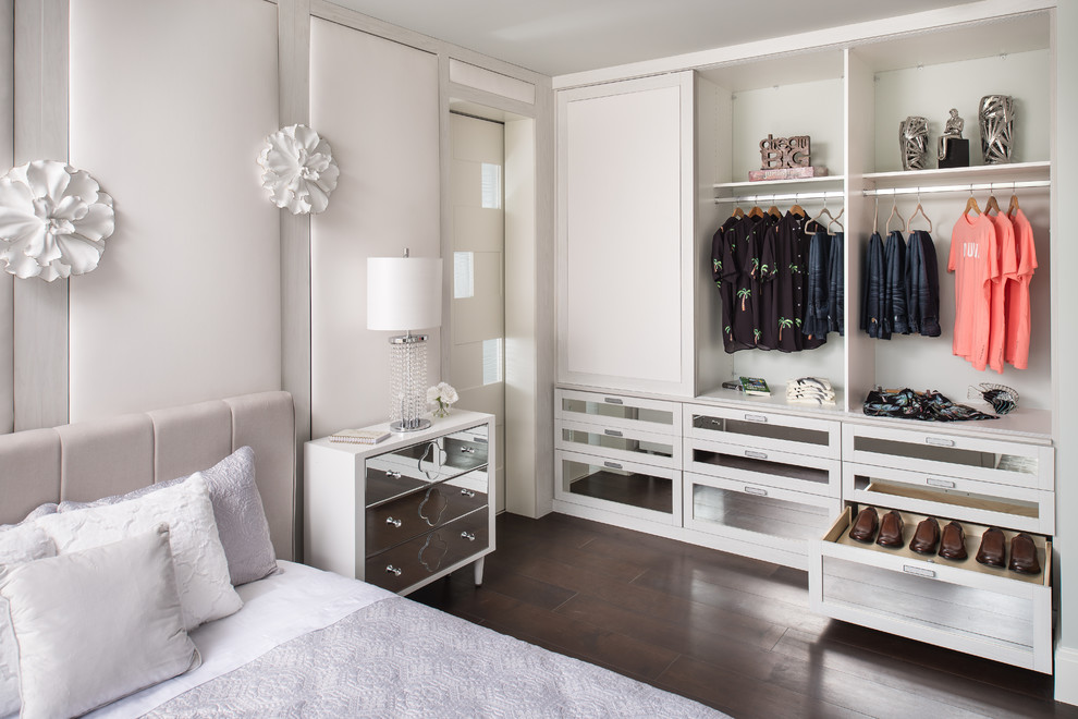 Inspiration for a small transitional gender-neutral built-in wardrobe in Orlando with white cabinets, dark hardwood floors and brown floor.