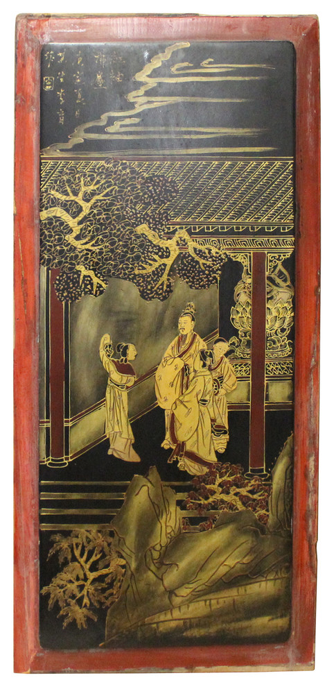 Chinese Golden Oriental Scenery Graphic Wood Panel Art Hcs4496